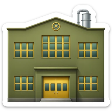 retro industrial factory building, military olive green color, large windows, industrial doors, no smoke, visually appealing, no weapons, no vehicles, not a house sticker