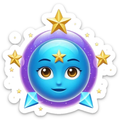Uma esfera translúcida com reflexos roxos e azuis envolve uma estrela dourada brilhante no centro, criando um visual etéreo e futurista sticker