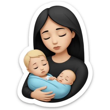 Minimalistic flat vector icon, iOS style, thin black contour on white background. Silhouette of a sad mother holding a baby, small tear drop. Clean, no text, no shadows sticker
