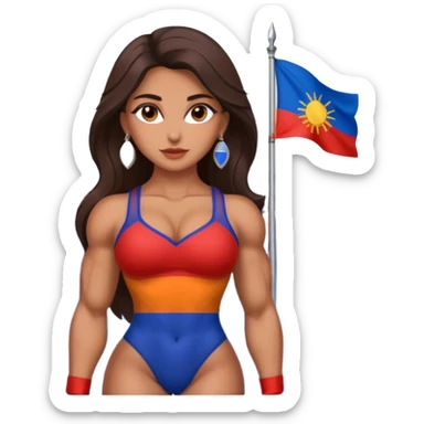 sexy and muscled, full body, brown skin Armenian caucasian girl, sexy girl, beautiful eyes, makeup, earrings, muscled, surrounded by mountains, Flag of Armenia sticker
