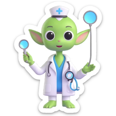 cute green alien in a doctor's outfit, with a head mirror and stethoscope sticker