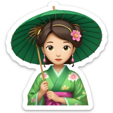 Japanese Princess with paper umbrella, green kimono sticker