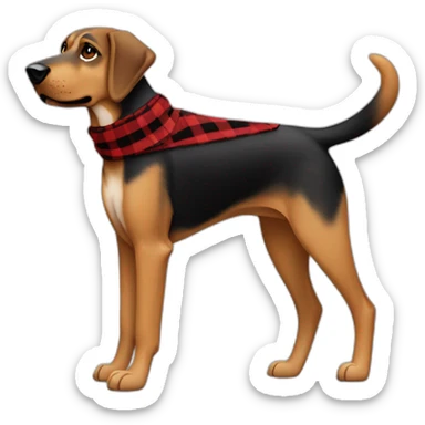 adult 75% Coonhound 25% German Shepherd mix dog with visible tail wearing small pointed red buffalo plaid bandana full body walking left quickly sticker