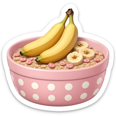 baked oats in a bowl like oat meal with a couple banana slices on top that look a little bit caramelised and a light pink bowl with white polka dots sticker