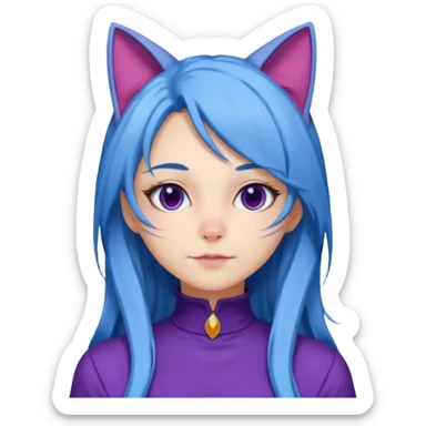 The image is a 3D rendering of a female character with long blue hair and cat ears on her head. She is wearing a purple outfit with a high neckline and long sleeves.  sticker
