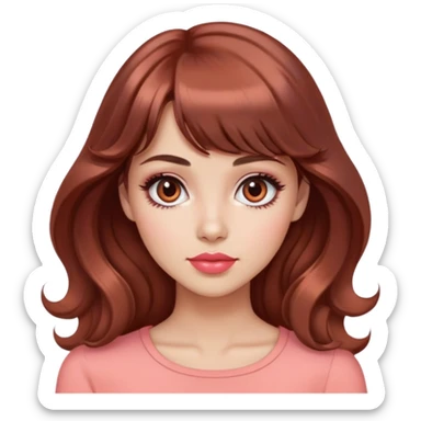 pretty woman, snobby face, light tan skin, big black eyes, long wavy reddish brown hair, bangs, pink top, coral lipstick sticker