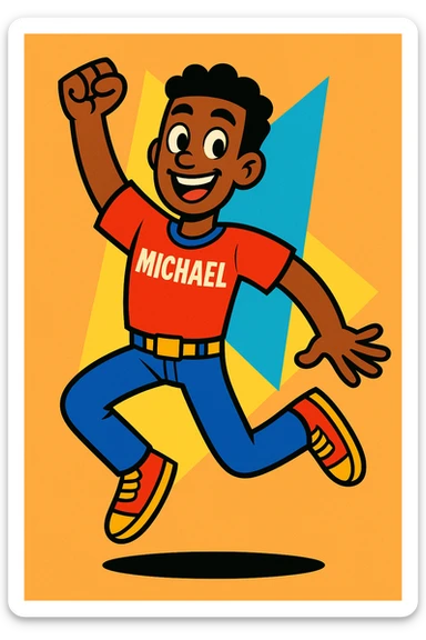 vibrant toon version of Michael, energetic pose, bright colors, friendly face sticker