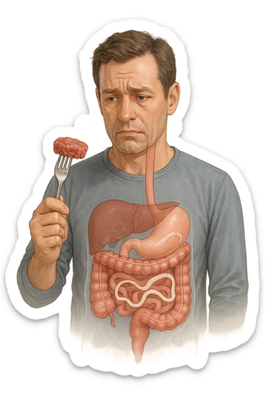 A realistic, high-quality medical illustration showing a concerned man in his early 40s holding a piece of raw beef tartare on a fork, looking at it with a worried expression. Behind him, a transparent overlay of his digestive system reveals the presence of Taenia saginata (beef tapeworm), depicted as a long, segmented white worm inside his intestines, symbolizing the infection. The environment is a kitchen with bright but neutral lighting, creating a serious educational tone. Subtle anatomical highlights and clean medical graphics convey the concept of parasite transmission through undercooked beef, emphasizing food safety and health awareness. sticker