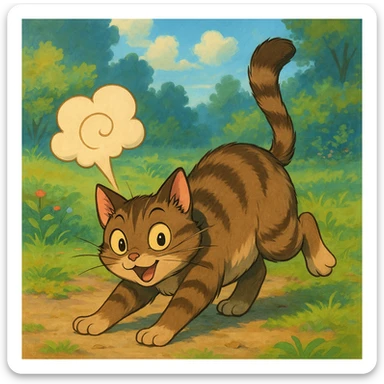 cat in a whimsical pose with a stylized fart cloud, ghibli-inspired style sticker
