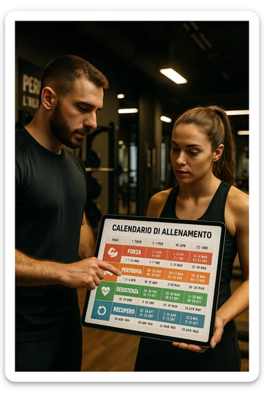 realistic cinematic photo a personal trainer and a client stand in a modern gym, reviewing a large, color-coded training calendario or chart on a tablet. The calendario shows different phases (Forza, Ipertrofia, Resistenza, Recupero) with icons and dates. Around them, gym equipment and motivational posters reinforce the idea of structured, periodized training. in italiano sticker