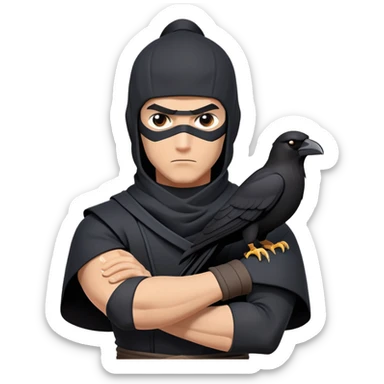 clash-of-clans-aesthetic_-cinematic-mysterious-male-ninja-portrait-emoji, rendered in a flat, vector-style with minimal shading and bold, simplified shapes, with a head slightly turned revealing intense, focused eyes. the ninja has his arm out and perched on top of his forarm is  a  giant black crow sticker
