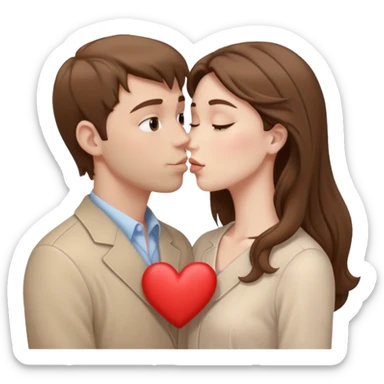 A white man with brown hair in pale beige clothes and a woman in pale beige clothes are kissing with white hearts sticker