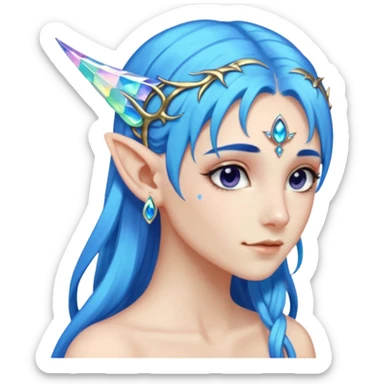 portrait of blue haired Elvish fae shiny sparkly iridescent translucent diaphanous ear climber ear cuff sticker