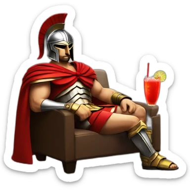 The Spartan Leonidas and his red cape with a cocktail in hand and his helmet under his arm relaxing on a sofa. sticker