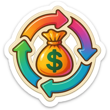 four lifecycle arrows forming a circle with a cartoony bag of money in the center, 1980s retro sticker style sticker
