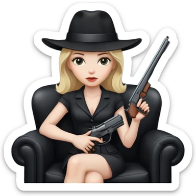 Mafia blondes woman in hat , gun , armchair , black sticker