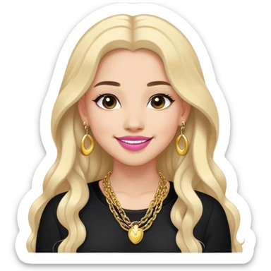 A little cool toned girl with black thick open long hair smiling and her lips should be a lil pink in a black outfit with gold top earrings and a gold chain sticker