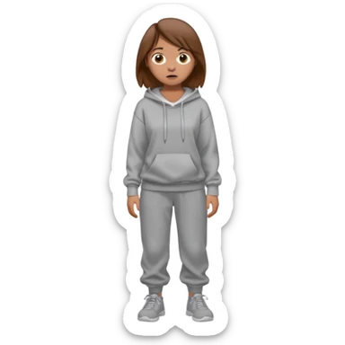 Chica grande  asustada de cuerpo completo mirado a la izquierda con pelo castaño pantalones baggy  grises y hoodie gris  sticker