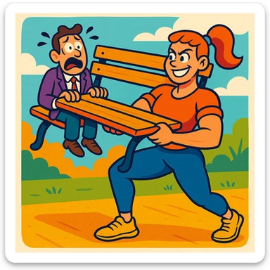 A humorous scene of a woman holding a bench with a scared man sitting on it, colorful and dynamic, vibrant cartoon style sticker