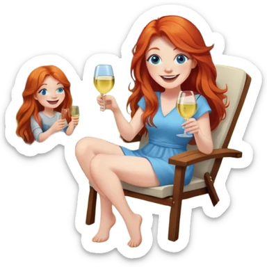 Laughing redhead with long hair and blue eyes holding white wine sitting in chair beside fire pit sticker