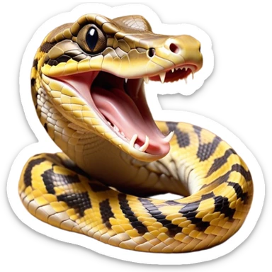 Cinematic Cute Yawning Python Portrait Emoji, Head tilted slightly with a dramatic, wide-open yawn, showcasing a sinuous, scaled form with drowsy, half-closed eyes and an open, relaxed mouth, Simplified yet irresistibly adorable features, highly detailed, glowing with a soft, cozy earthy glow, high shine, relaxed yet expressive, stylized with a dash of whimsical reptilian charm, soft glowing outline, capturing the essence of a drowsy yet affectionate python that appears ready to stretch out for a nap! sticker