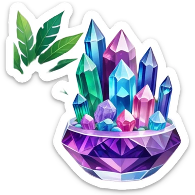 Close-up of vibrant, multicolored crystals growing in a glass container on a wooden table. Crystals in shades of purple, blue, green, pink, and clear are forming in various shapes and sizes. Soft light shines on them. Cozy indoor setting with plants and soft decor in the background. sticker