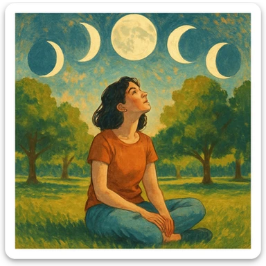 artistic illustration of a woman sitting on the grass in a park, looking up, surrounded by the moons of the 4 phases sticker
