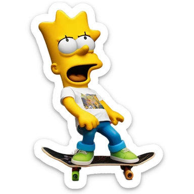 Bart Simpson, skateboard under his arm, poses in front of a graffiti-covered wall. He's giving the camera a playful smirk sticker