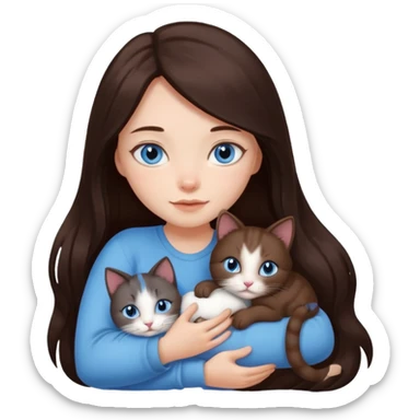 a pretty girl with long dark 
brown hair, with blue eyes, hugs 3 different natural coloured small cats sticker