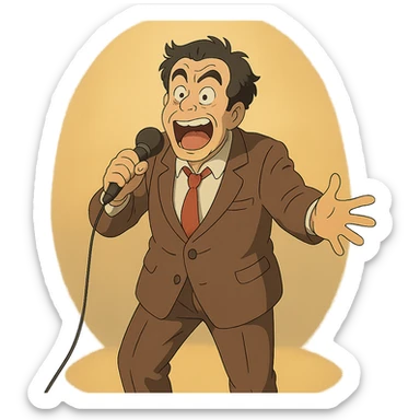 ghibli style comedian performing with expressive face and spotlight sticker