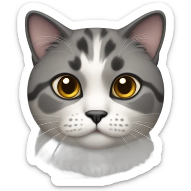 senior chubby diluted calico cat, grey bottom-chin, black nose, grey ears, grey and white sticker