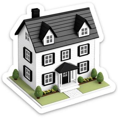 modern farmhouse dollhouse, 3d isometric, white with black trim sticker