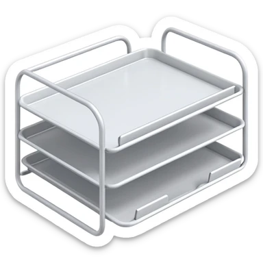 A minimal, clean emoji-style illustration of a white metal desk paper organizer tray, shown in slight isometric view so its structure is readable at a small scale. The organizer is rectangular with rounded corners, made of thin white metal wires, forming two to three stacked horizontal slots.
 sticker