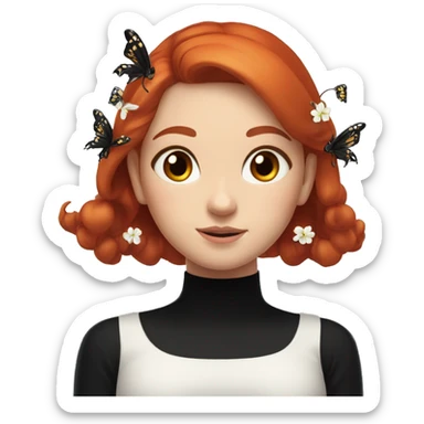 a girl with red hair with a black crab, wearing a black turtleneck over which a white blouse with dropped shoulders, earrings with butterflies, a long hairpin with small white flowers on two sides of her head sticker