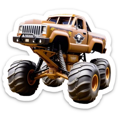 Monster Mutt - Monster Jam (Model Year: 2021) (Iconic colour: Brown with dog features) - A unique monster truck with playful, dog-inspired design cues. The vehicle is painted in warm brown tones and features subtle dog motifs (such as a stylized snout or ear shapes). It should blend the rugged power of a monster truck with quirky, endearing canine features. sticker
