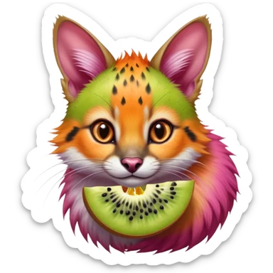 Hyper realistic  tropical-fruit-splash-colored fur of kiwi-lime-gradients, papaya-orange, and dragonfruit-pink chaos beautiful elegant pretty precious cute  Fakémon-Pokémon-opossum-feline-serval-caracal-chinchilla-Furret-Minccino-hybrid-creature with a big fluffy bushy tail (full body) sticker