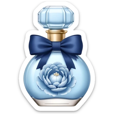pearl blue vintage style perfume bottle and navy colored peonies and a powder blue bow sticker