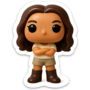 Enhance the Funko Pop style vinyl figure with superior quality, smooth tanned skin, detailed dark auburn hair, textured clothing including a cream top and greige bottoms, and dark greige leather boots clearly visible. The figure has arms crossed, rosy cheeks, very discreet freckles, and a mischievous and cheerful expression with no mouth. Transparent background. sticker