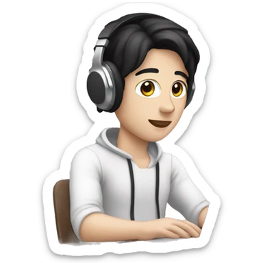 A white skinned person with black hair and brown eyes editing videos on laptop with headphones sticker