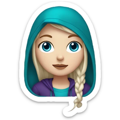 White girl, blue eyes, long teal hair, purple beanie hat, black hoodie sticker