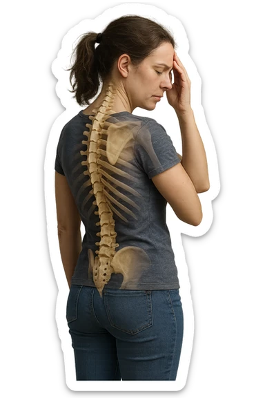 donna stanca a figura intera che si tiene una mano sulla tempia con spina dorsale anatomica visibile, iperrealistico 4k sticker