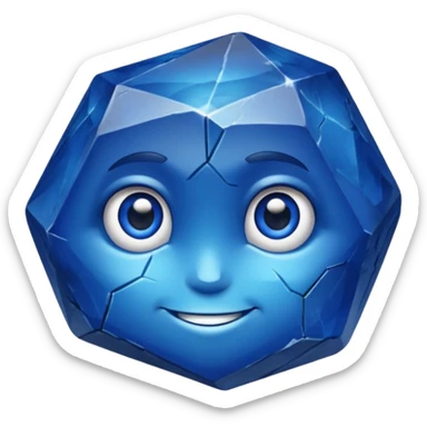 A single sapphire-blue faceted rock head, chunky and worn, with a few visible cracks and chipped facets but still shiny, big kind eyes and a confident smile, 3 sticker