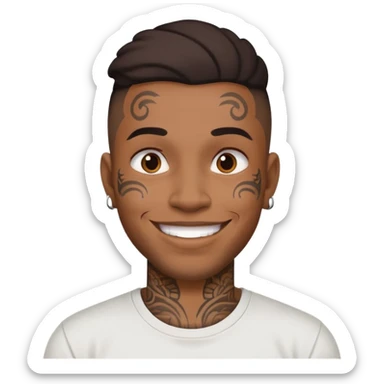 black man with face tattoos, smiling, wearing a t-shirt sticker