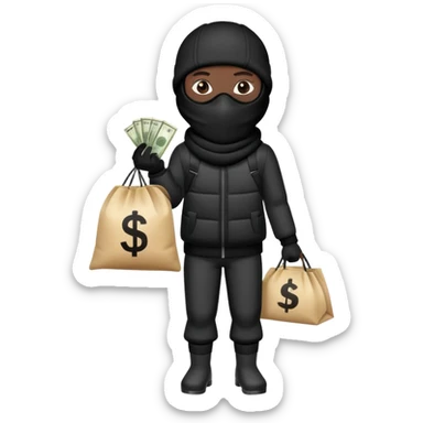 Black Ski mask holding bags of money with  skin color black sticker