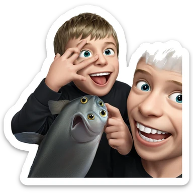 boys smiling with fish sticker