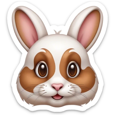 Cinematic Comical White and Brown Rabbit Portrait Emoji, Head tilted dramatically with an exaggeratedly amused expression, featuring a striking fur with a playful mix of white and brown patches, wide, expressive eyes filled with playful disbelief, Simplified yet hilariously expressive features, highly detailed, glowing with a slightly sassy glow, high shine, dramatic yet playful, stylized with an air of cheeky mischief, bright and endearing, soft glowing outline, capturing the essence of a spirited and over-the-top bunny, so meme-worthy it feels like it could side-eye its way into internet fame instantly! sticker