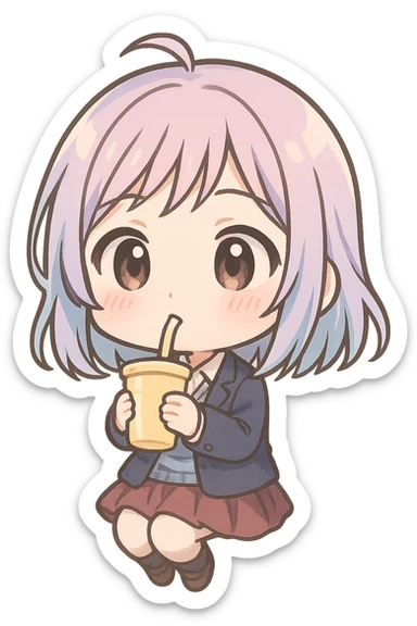 Kitsui Akira sipping a drink, chibi style, oversized head, cute expression, pastel colors sticker