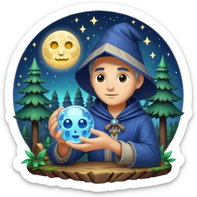 forest alchemist polishing the moon like crystal orb sticker
