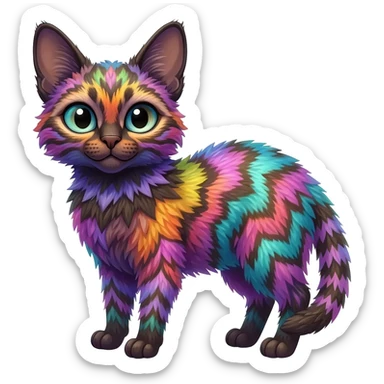 A Colorful iridescent exotic tropical tribal cute happy realistic esoteric patterned fluffy furry dark caracal-Lykoi-bobcat-sphynx-genet-civet-Fakémon-fursona-hybrid-fusion-animal-creature, full body, 4-legged sticker