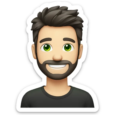 Handsome man with dark hair, gradient short hair on the side, green eyes. Big smile and thin face. Black t-shirt. A little beard. The man have to got an letter card next to his face sticker